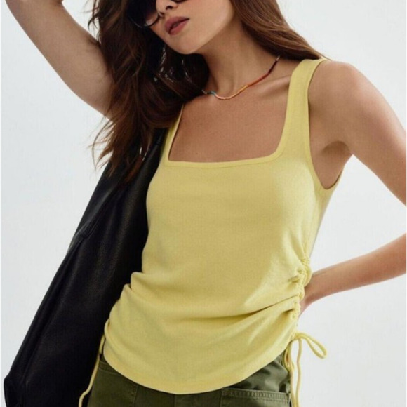 Anthropologie Pilcro Yellow Scrunched Square-Neck Tank Top Blouse Size Small - Picture 1 of 9